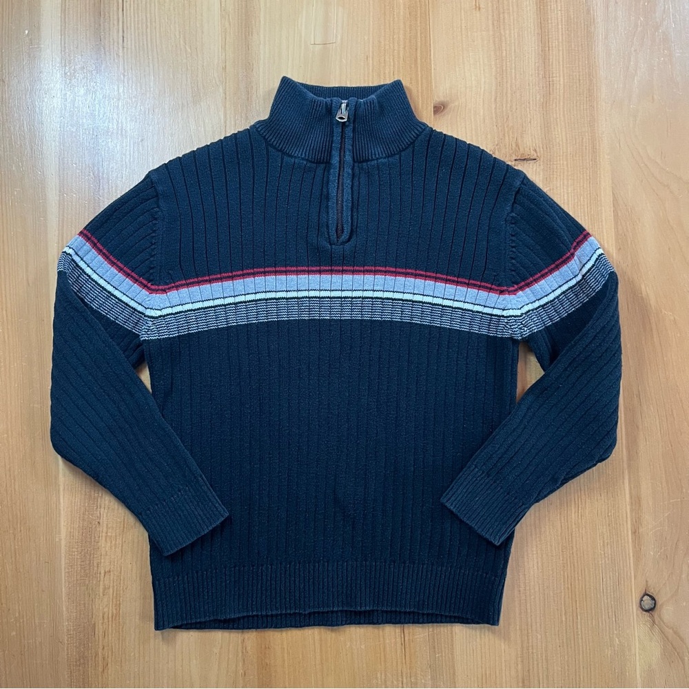 Y2K Ribbed Knit Half Zip Sweater Navy Striped Mock Neck